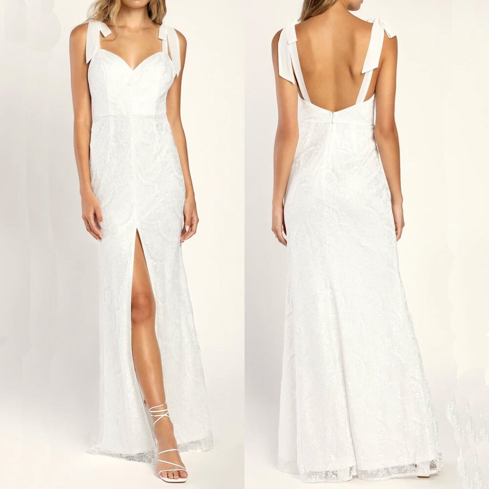 Lulus Romantically Entwined White Lace Mermaid Maxi Dress Gown